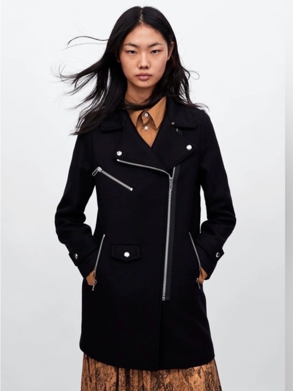 Zara Black Wool Blend Moto Coat Hooded Asymmetrical Zip Size Small